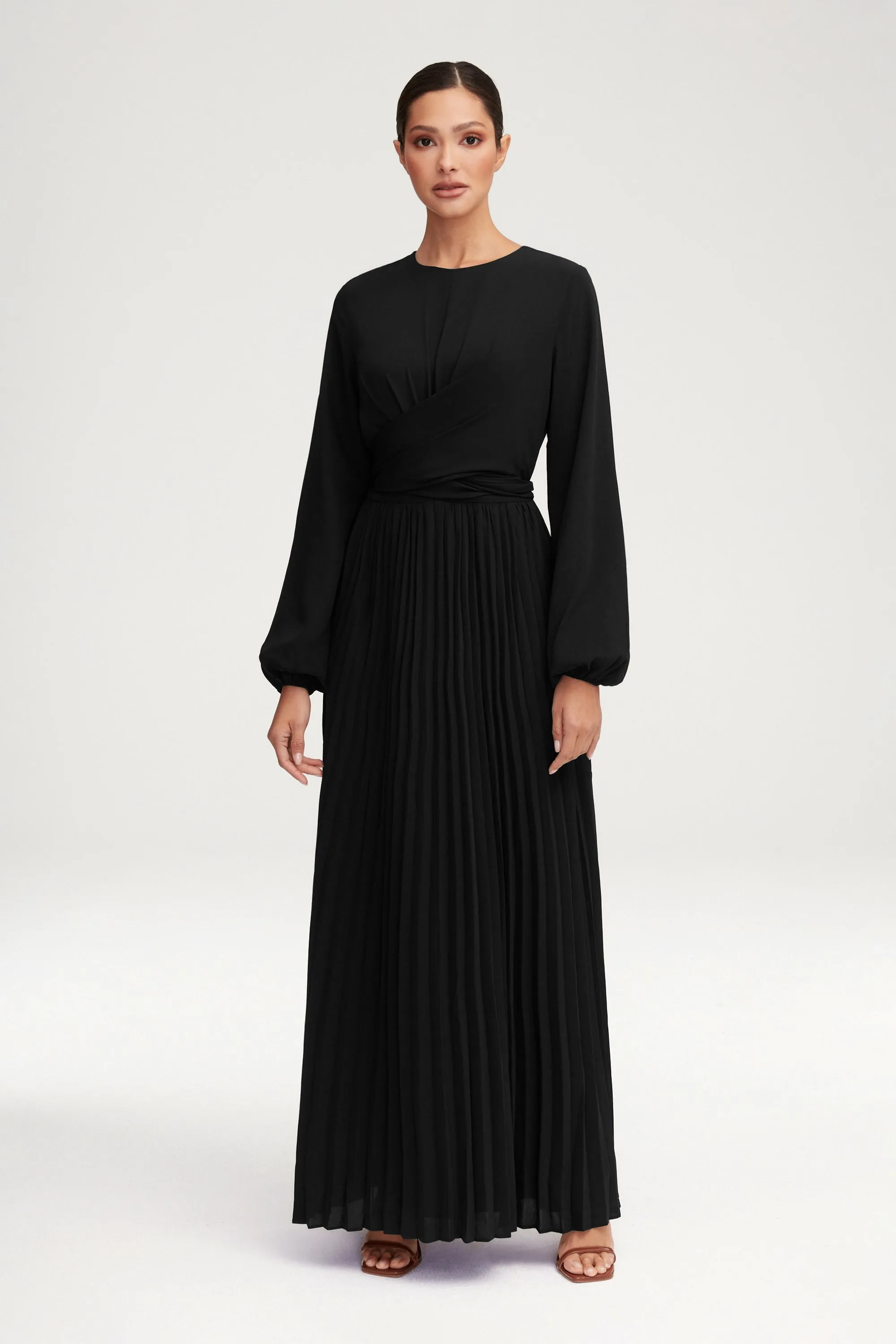 Layana Pleated Wrap Waist Maxi Dress - Black