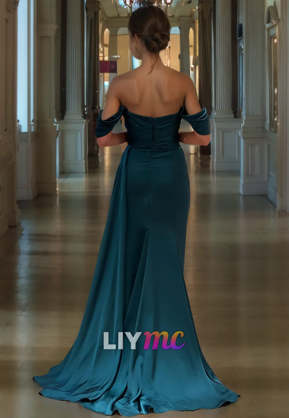 LP1841 - Off-Shoulder Beaded Pleated Ruched Sleek Satin High Slit Sexy Prom Dress