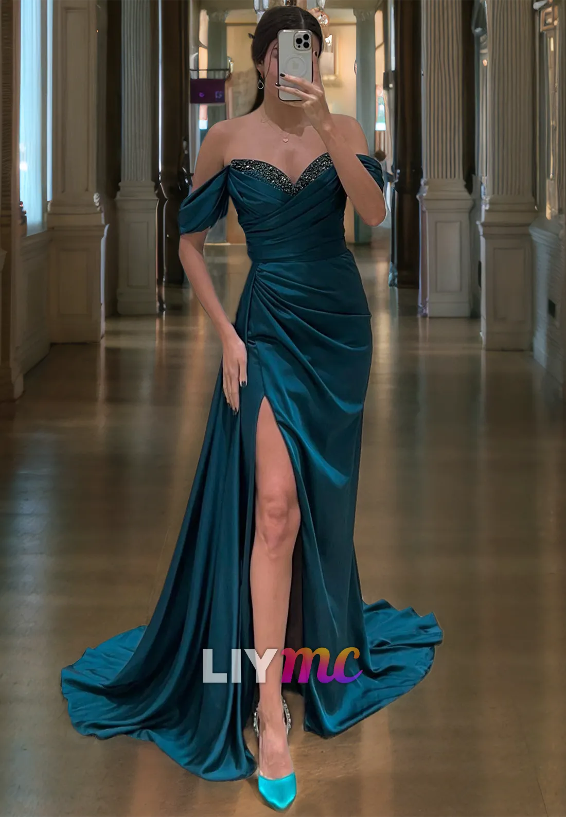 LP1841 - Off-Shoulder Beaded Pleated Ruched Sleek Satin High Slit Sexy Prom Dress