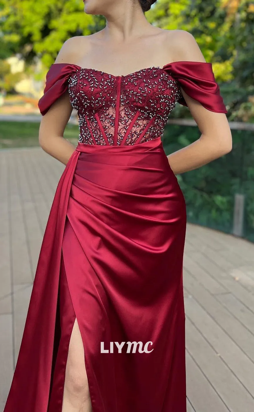 LP2175 - Off-Shoulder Strapless Appliques Pleated Satin High Slit Prom Dress