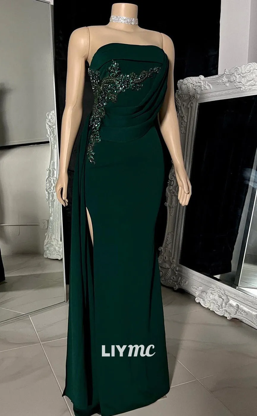 LP2211 - Straight Across Sleeveless Ruched Beaded High Slit Prom Dress