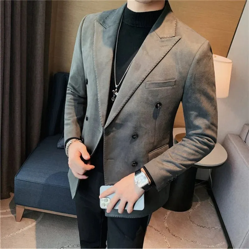 Men's High Quality Slim Fit Suit Blazer Leather Fleece Jacket