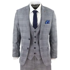 Mens Marc Darcy 3 Piece Suit Grey Prince Of Wales Blue Check Vintage Retro