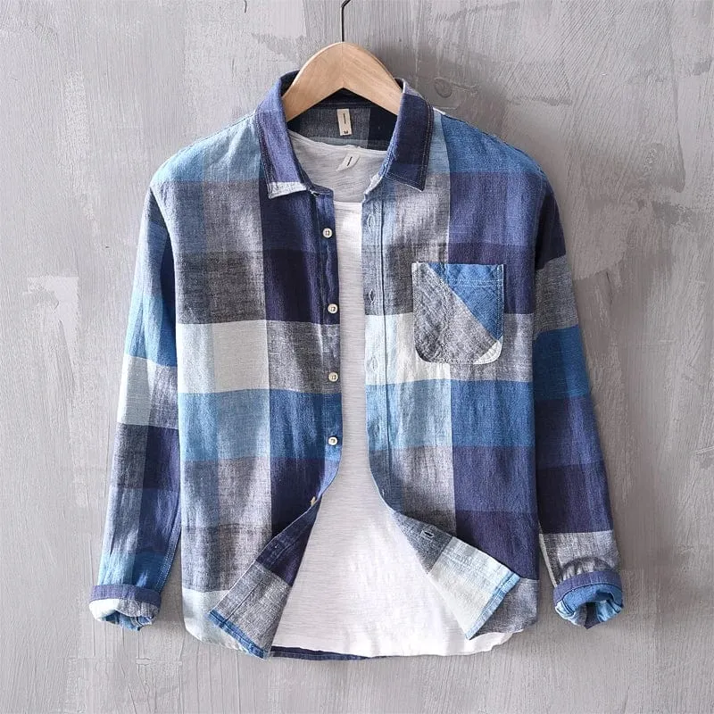 Men's Plaid Cotton Long-Sleeve Shirt – Breathable Linen Blend, Casual Mixed-Color Fashion