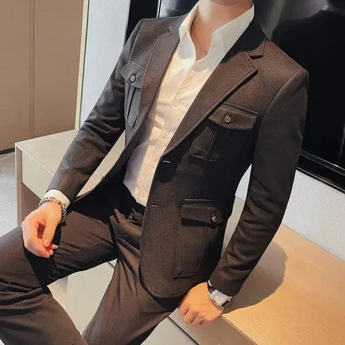 Men's Woolen Cloth Suit Jackets Slim Fit High Quality Pocket Decoration Blazer