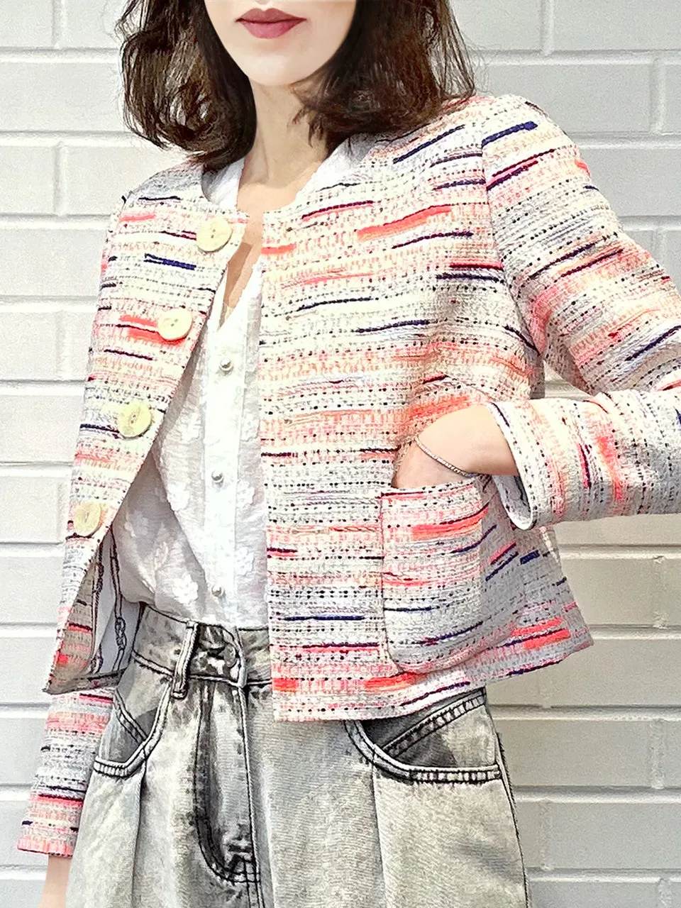 Mix Stripes Button Front Boxy Bouclè Tweed Crop Jacket