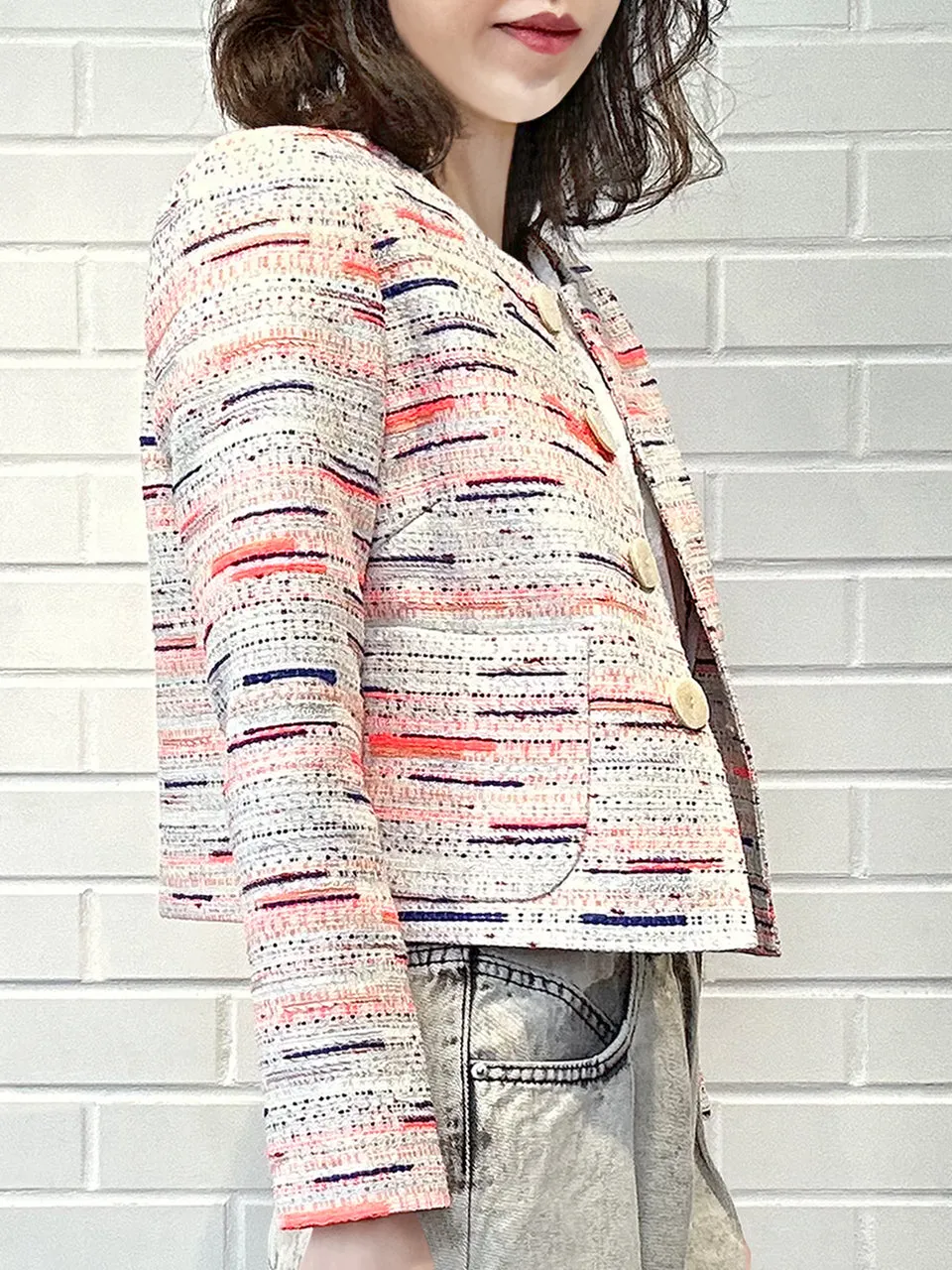 Mix Stripes Button Front Boxy Bouclè Tweed Crop Jacket