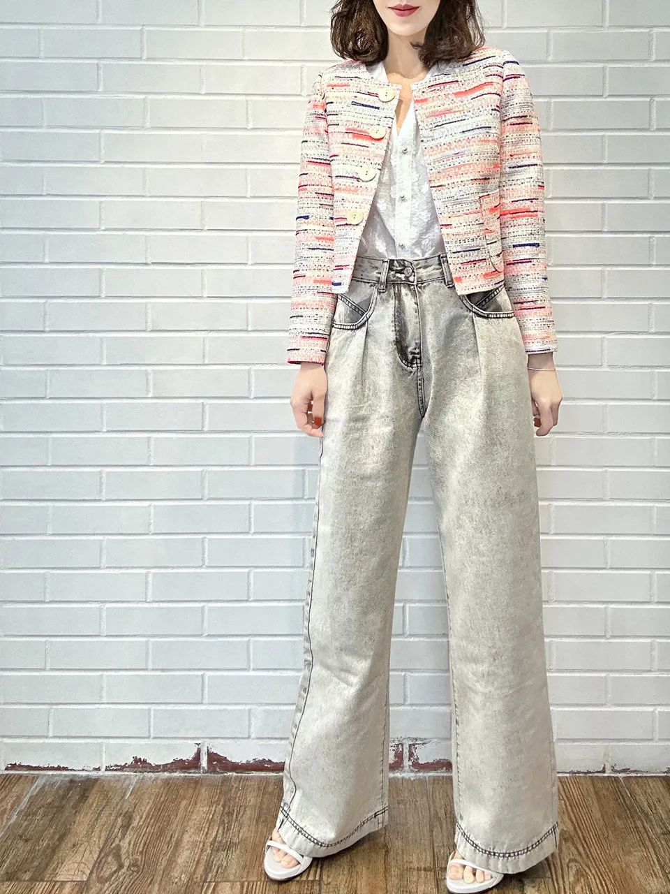 Mix Stripes Button Front Boxy Bouclè Tweed Crop Jacket