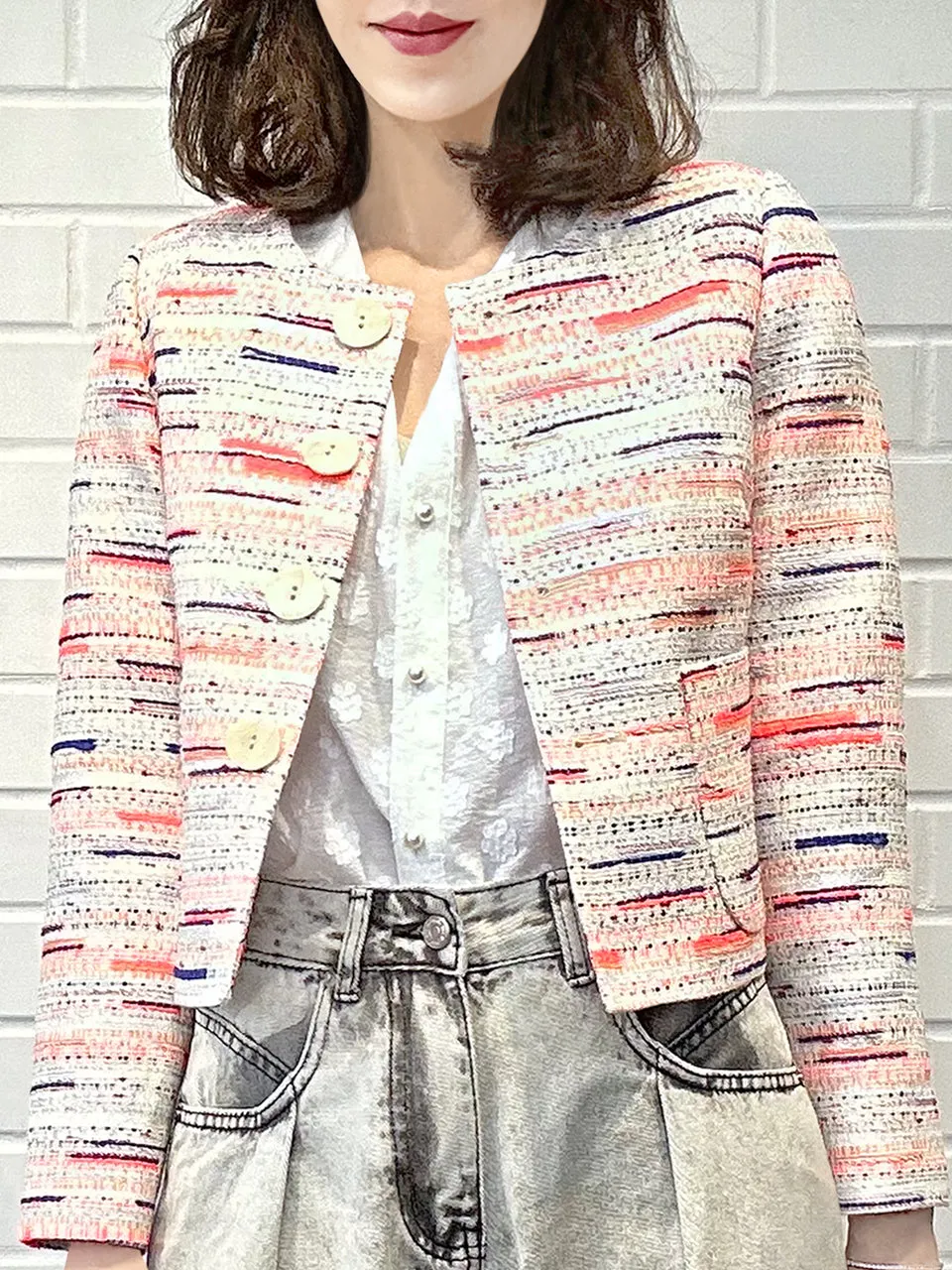 Mix Stripes Button Front Boxy Bouclè Tweed Crop Jacket