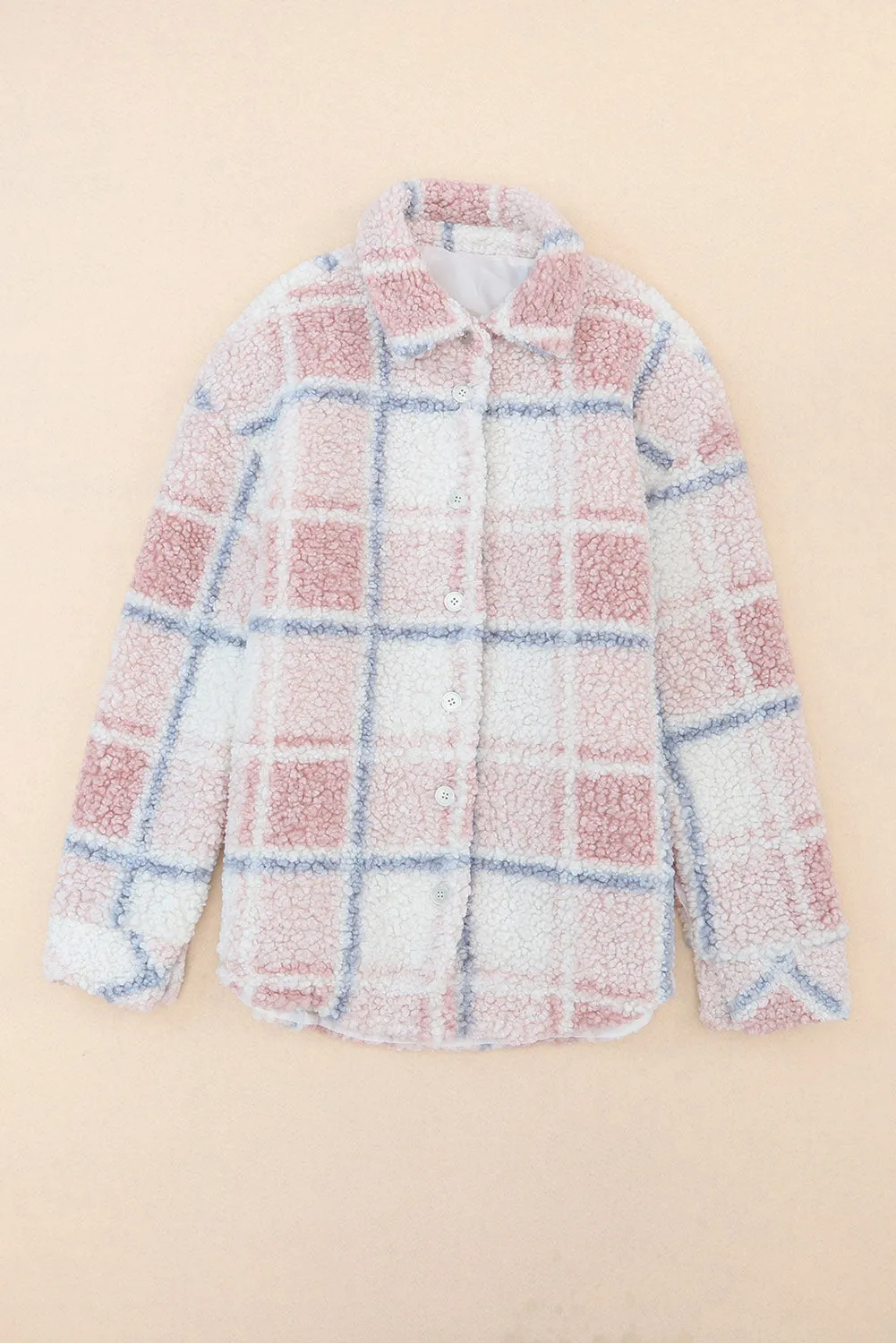 Multicolor Checker Print Turn Down Collar Sherpa Shacket