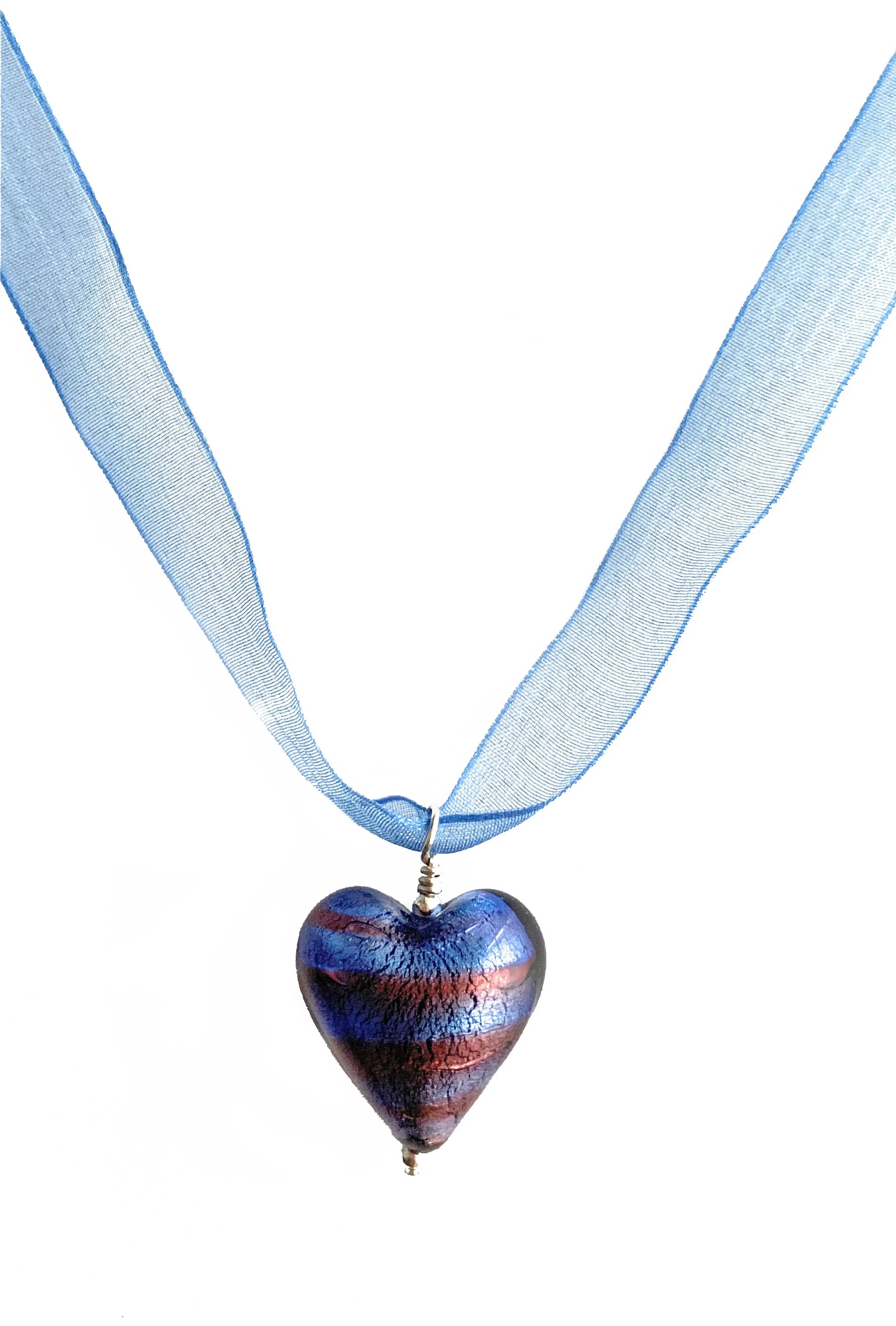 Necklace with amethyst spiral, purple velvet Murano glass medium heart pendant on ribbon