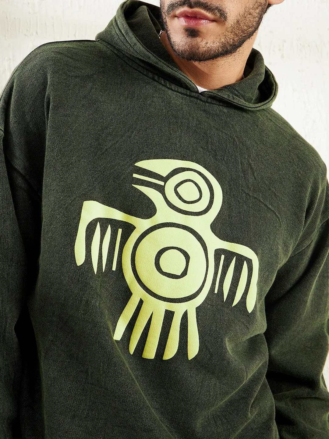 Olive Dyed Bird Graphic Cropped Hoodie