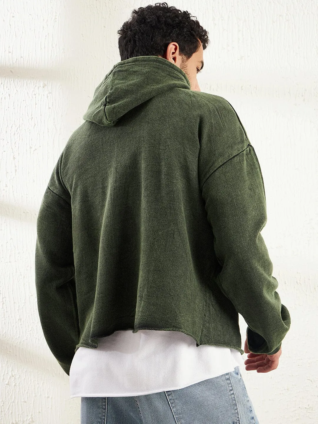 Olive Dyed Bird Graphic Cropped Hoodie