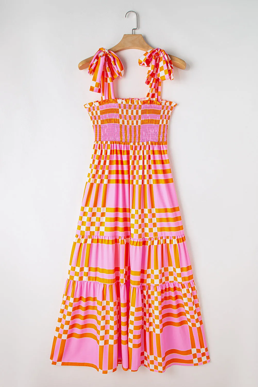 Pink Boho Gingham Tied Straps Smocked Maxi Dress