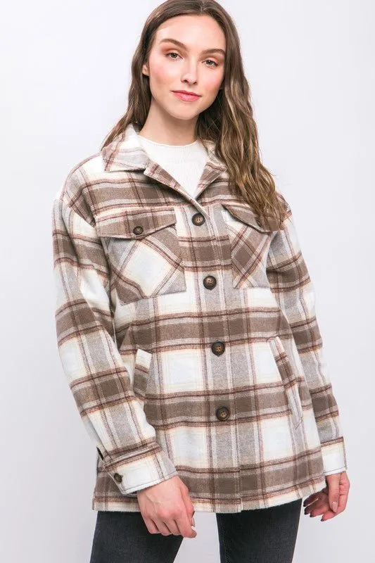 Plaid Button Up Jacket with Sherpa Lining