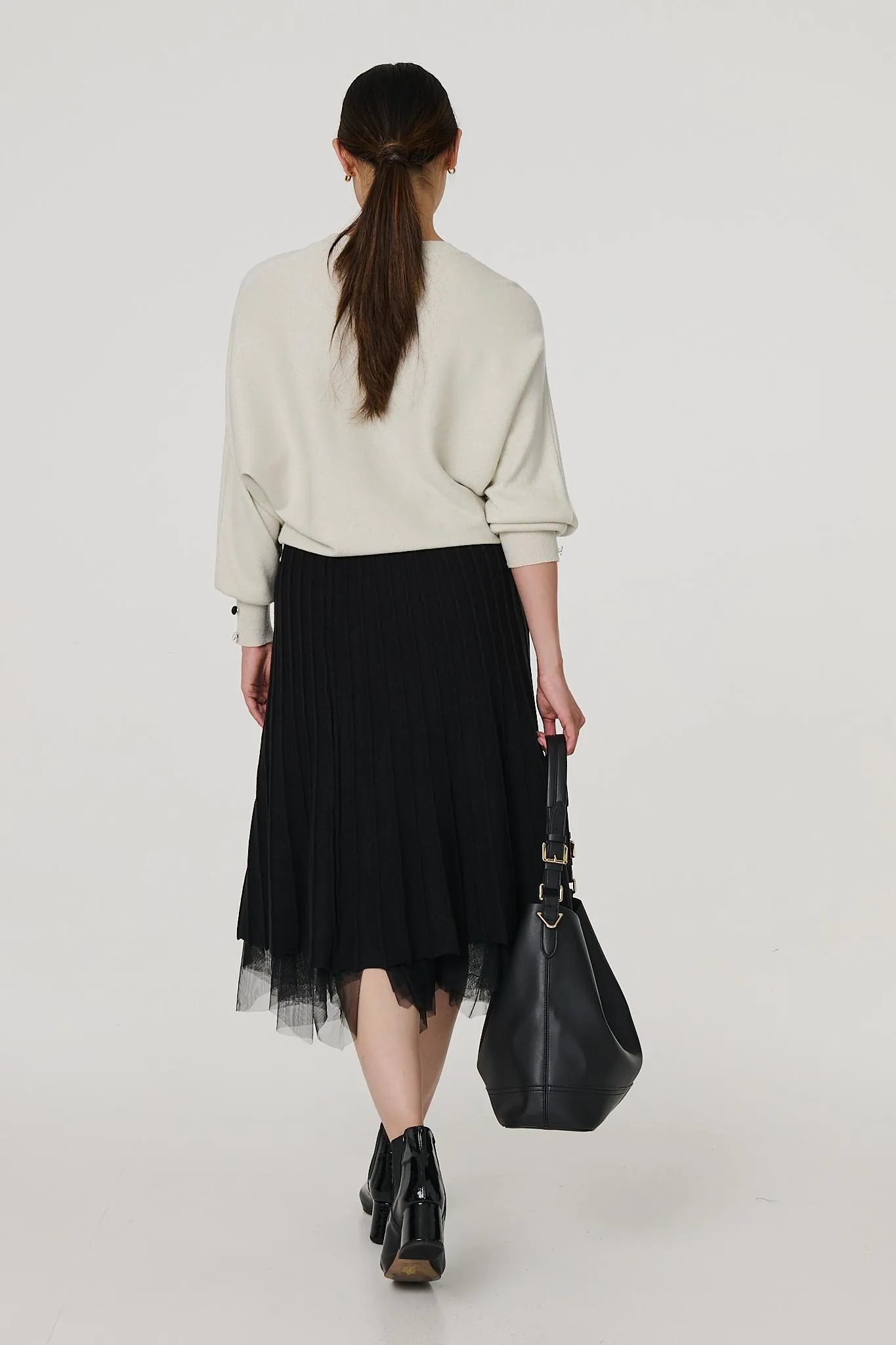 Reversible Hanky Hem Mesh & Knit Midi Skirt