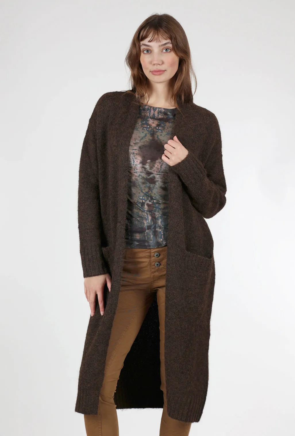 Rib-Detail Duster Cardigan, Brown