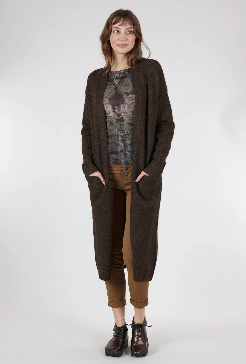 Rib-Detail Duster Cardigan, Brown