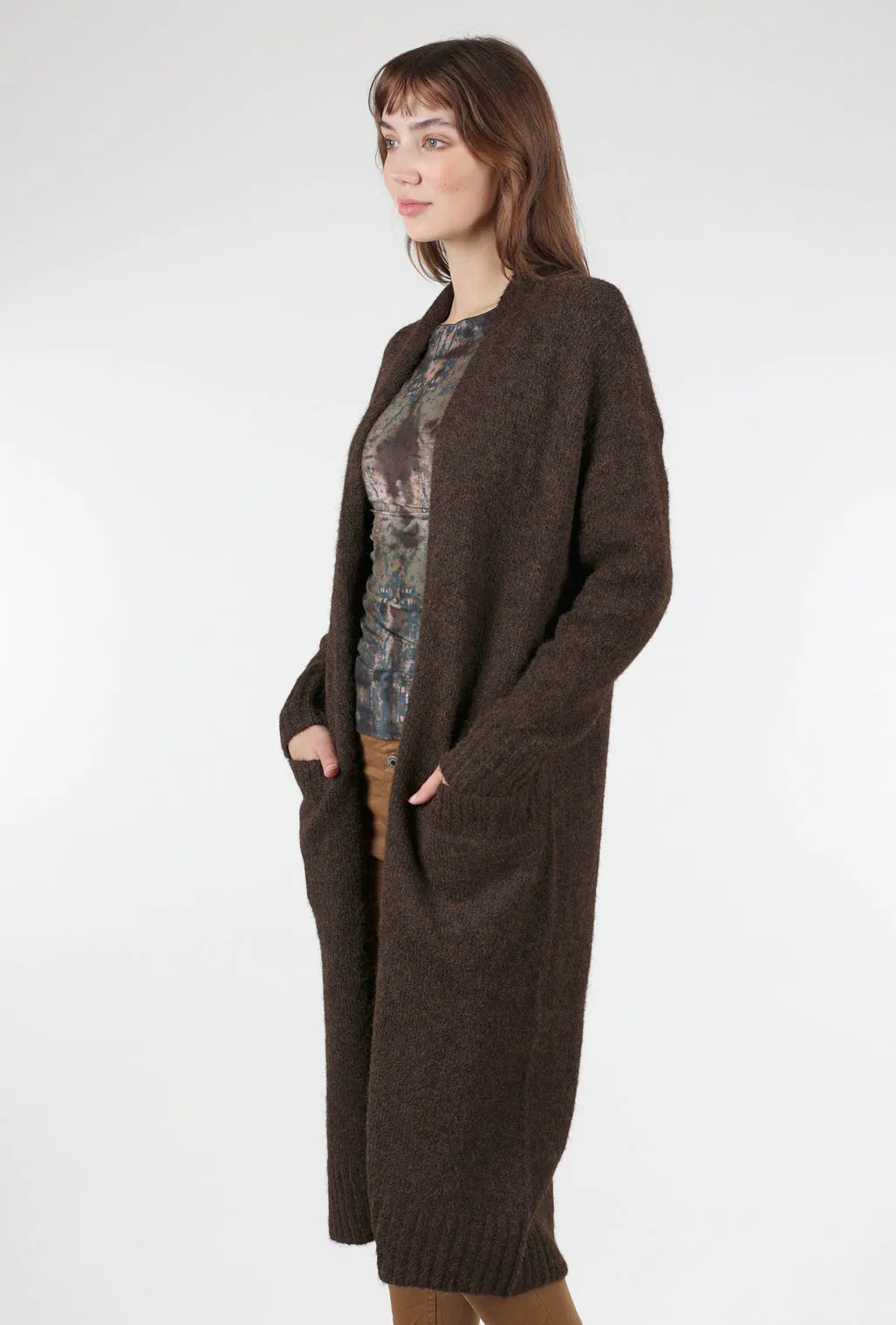 Rib-Detail Duster Cardigan, Brown