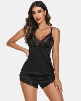 Satin Pajamas Set Lace Cami Shorts Set