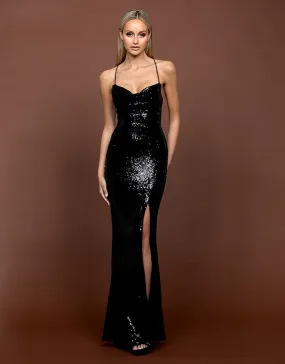 STEPHANIE COWL DRAPED SEQUIN GOWN B54D28LOB