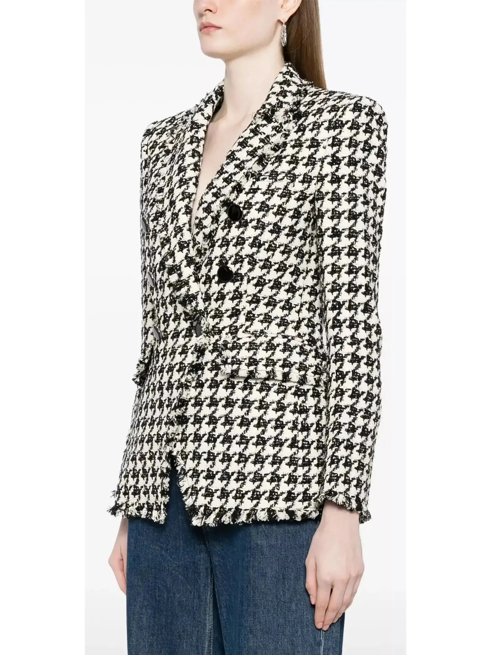 Women’s Black and White Wool-Blend Double-Breasted Houndstooth Blazer