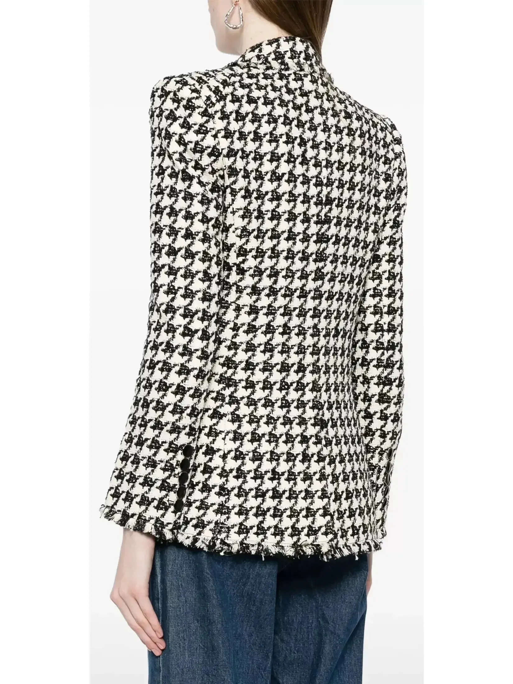 Women’s Black and White Wool-Blend Double-Breasted Houndstooth Blazer