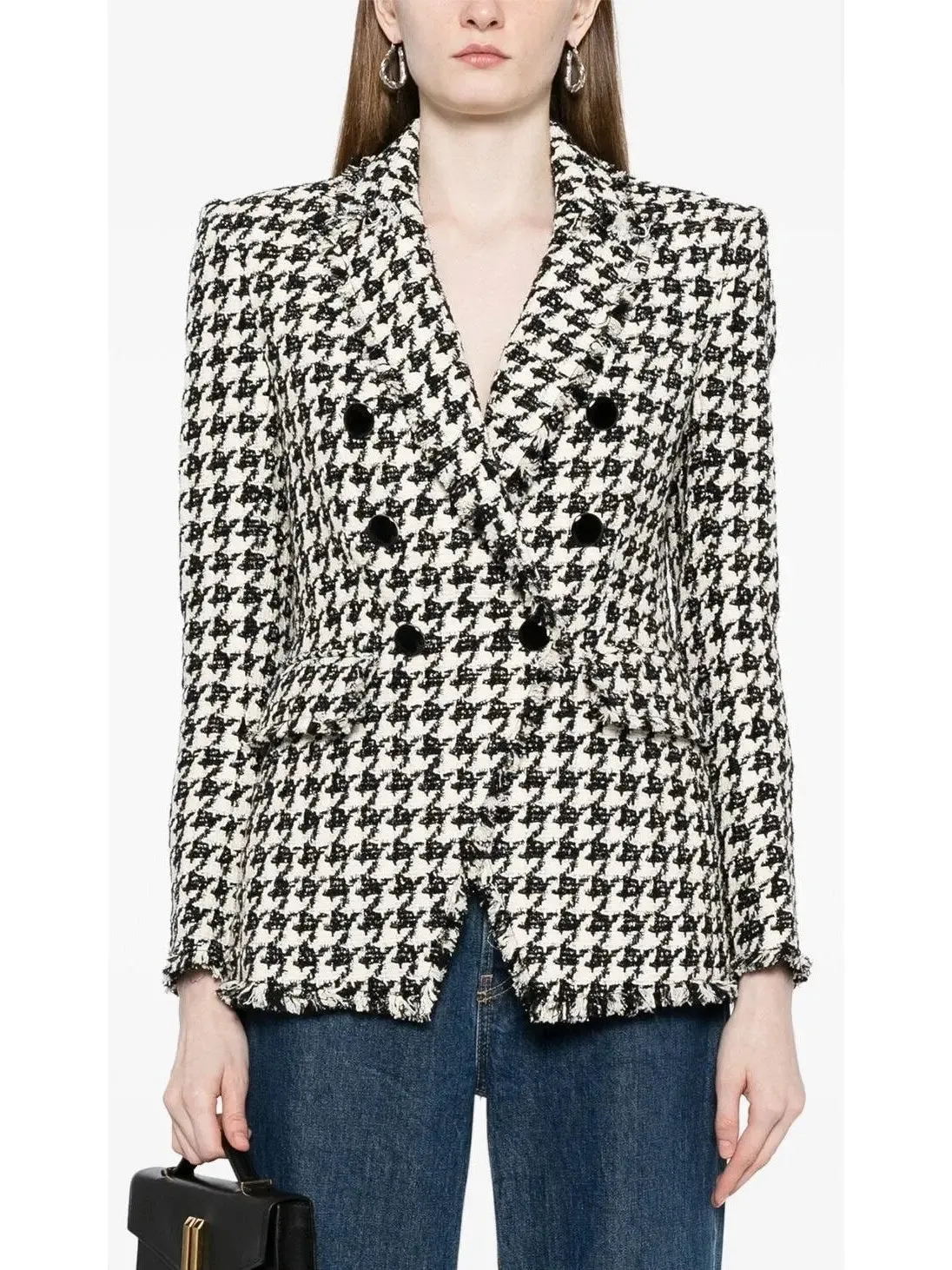 Women’s Black and White Wool-Blend Double-Breasted Houndstooth Blazer