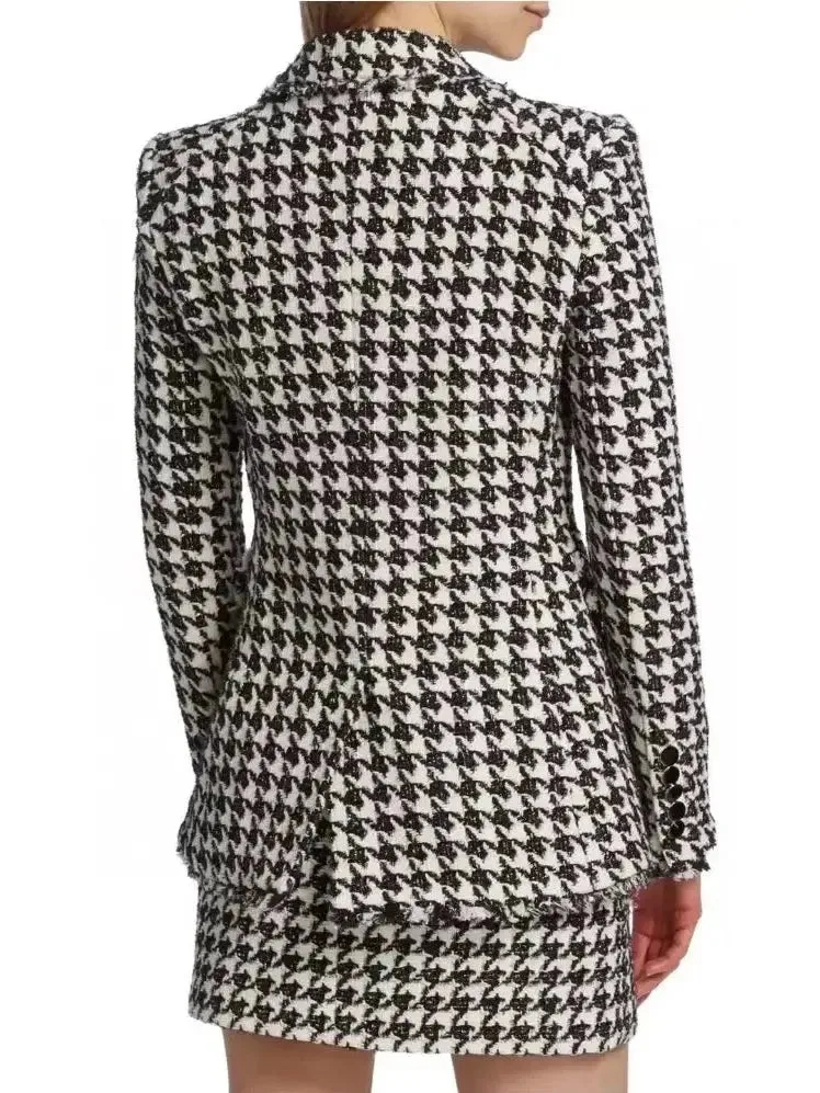 Women’s Black and White Wool-Blend Double-Breasted Houndstooth Blazer