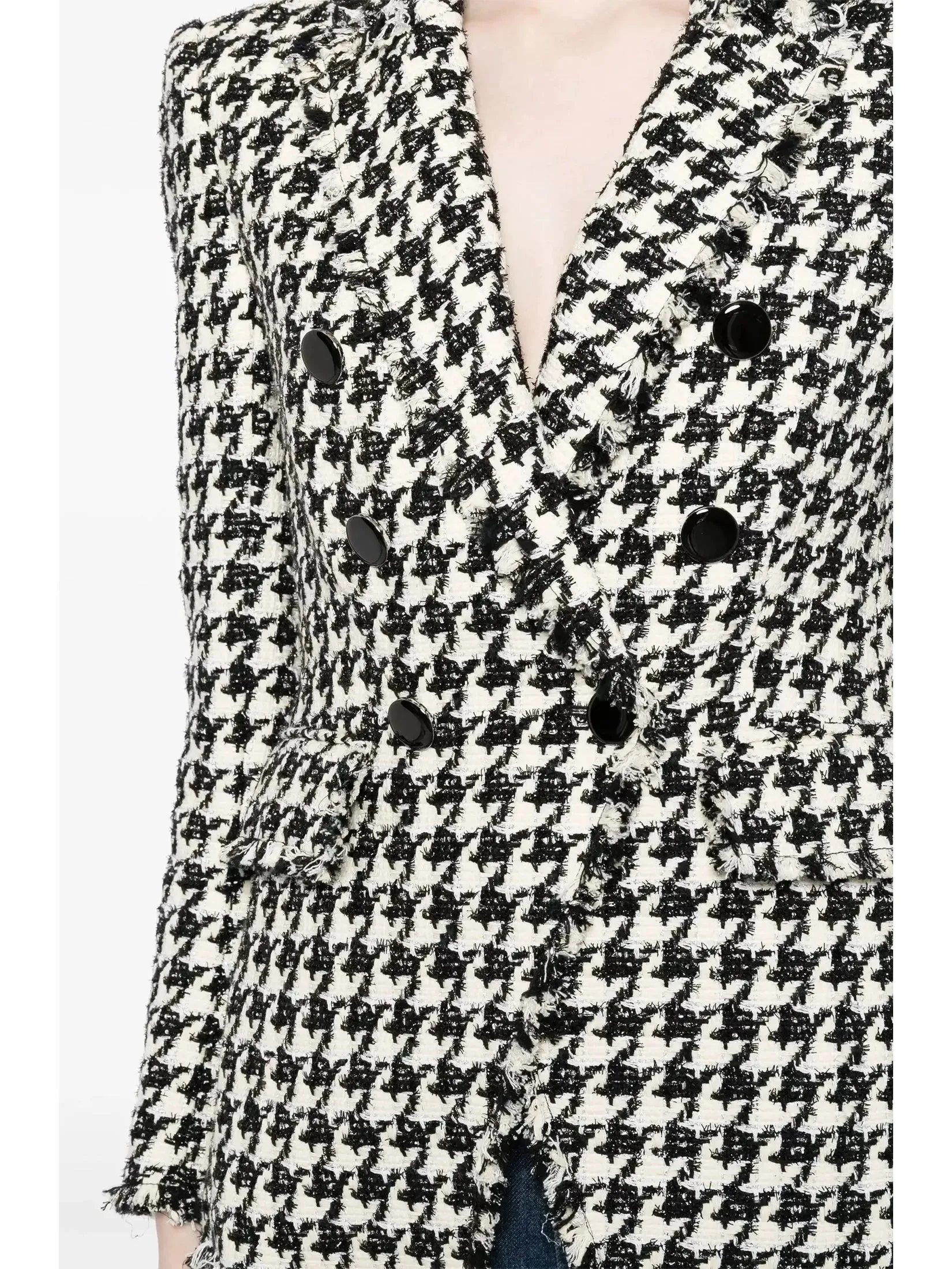 Women’s Black and White Wool-Blend Double-Breasted Houndstooth Blazer