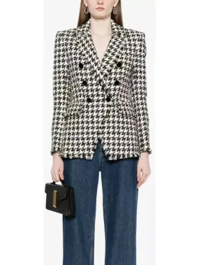 Women’s Black and White Wool-Blend Double-Breasted Houndstooth Blazer