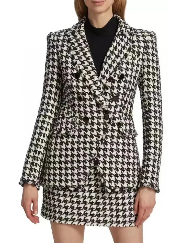 Women’s Black and White Wool-Blend Double-Breasted Houndstooth Blazer