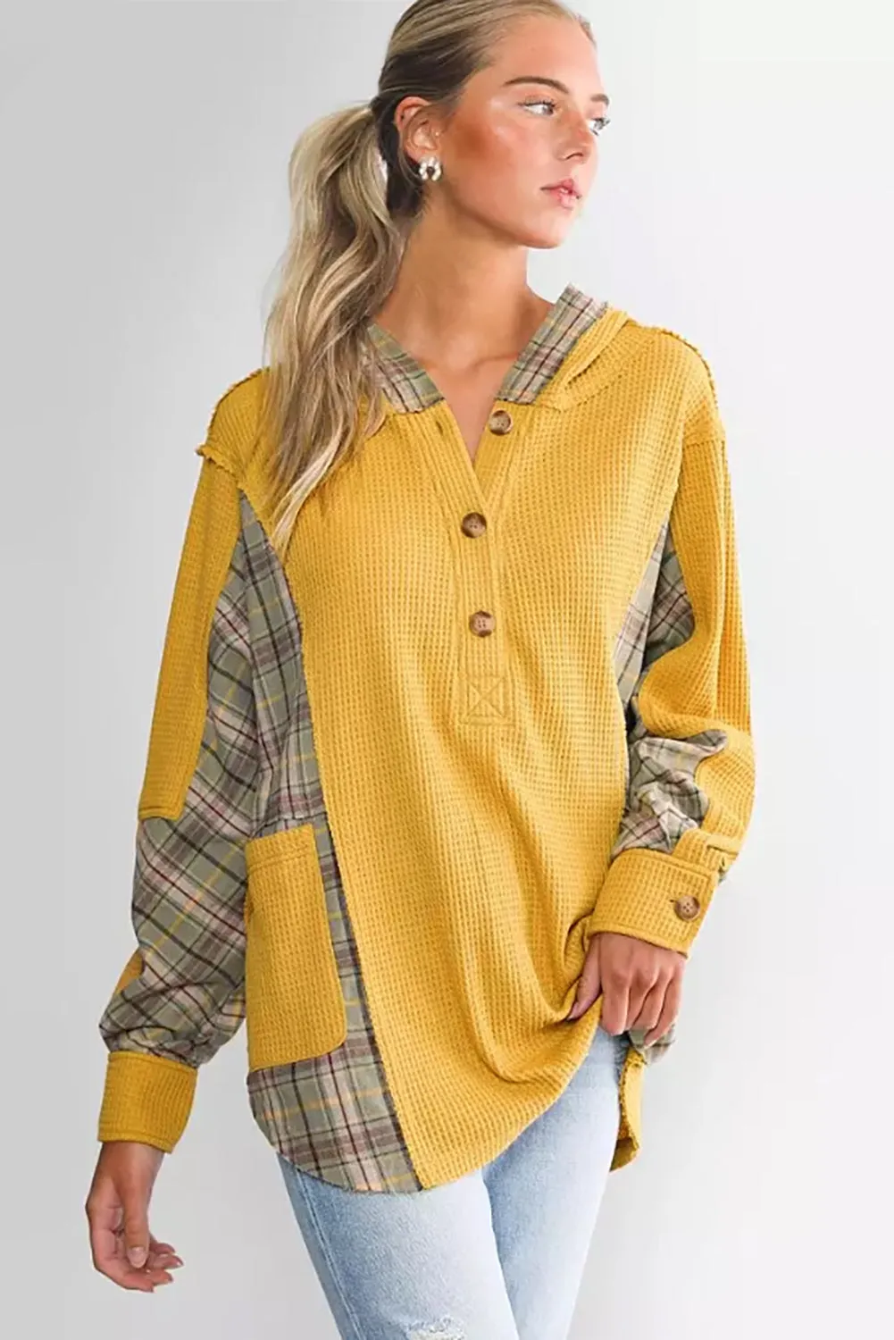 Yellow Waffle Knit Plaid Patchwork Pocketed Henley Hoodie