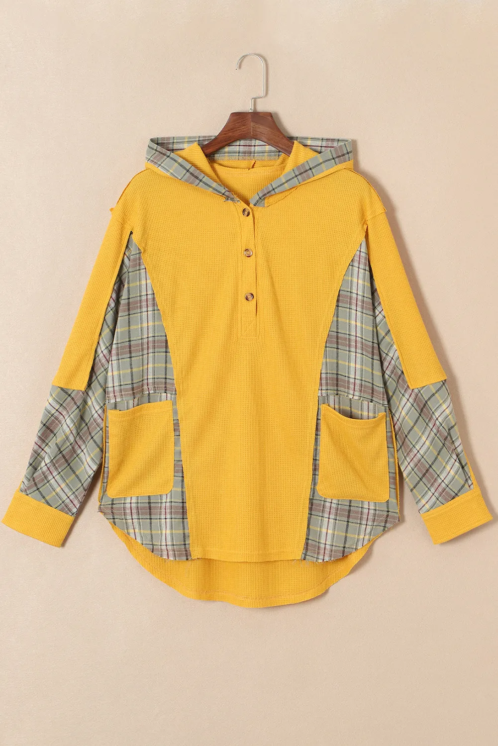 Yellow Waffle Knit Plaid Patchwork Pocketed Henley Hoodie